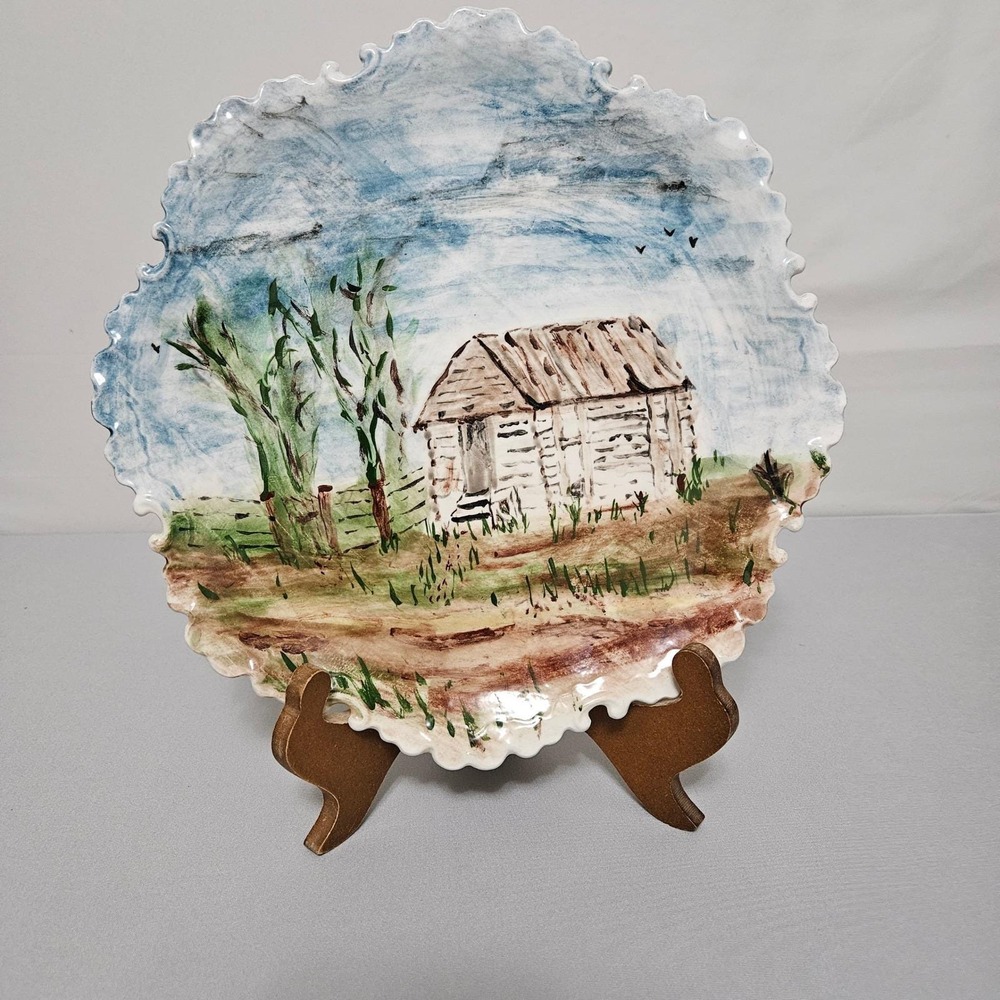 One of a Kind Vintage 1967 Hand Painted Folk Art Plate‎ Rustic Cabin Landscape